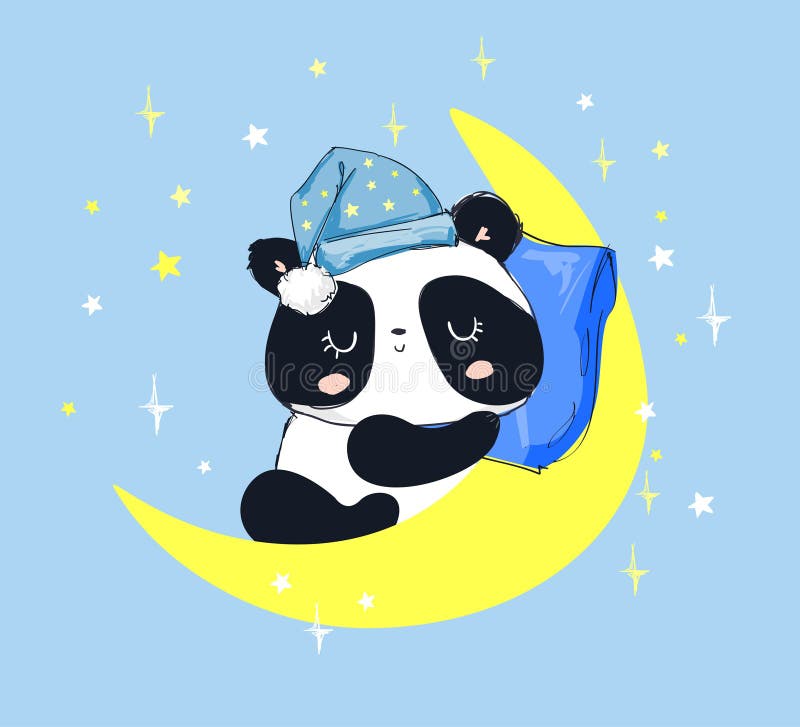 Cute Panda Bear Sleeping on the Moon. Children`s Illustration. Stock ...