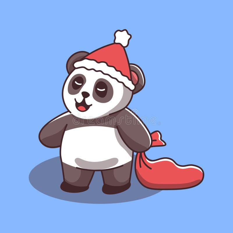 Cute Panda Wearing Santa Hat Holding Red Sack New Year Christmas Vector ...