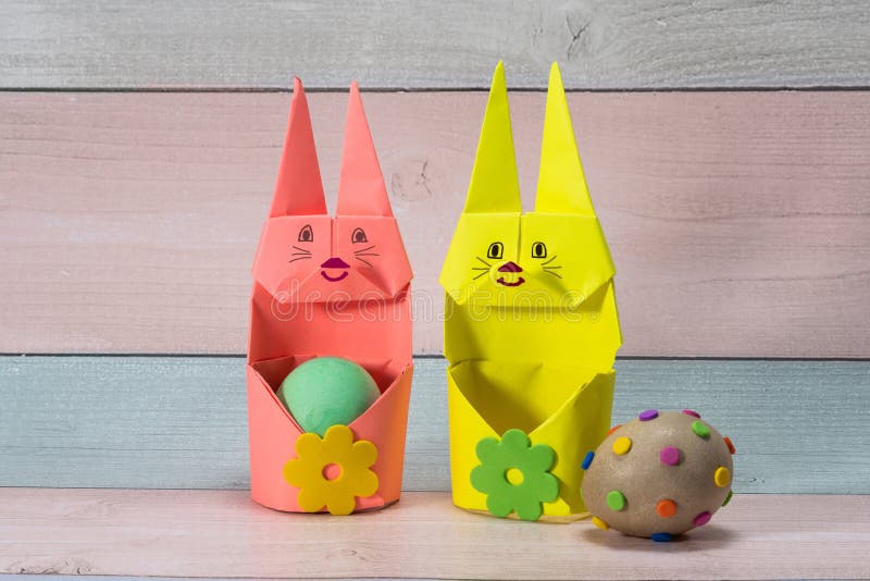 Cute Paper Easter Bunny Egg Holders Made Using the Origami Technique