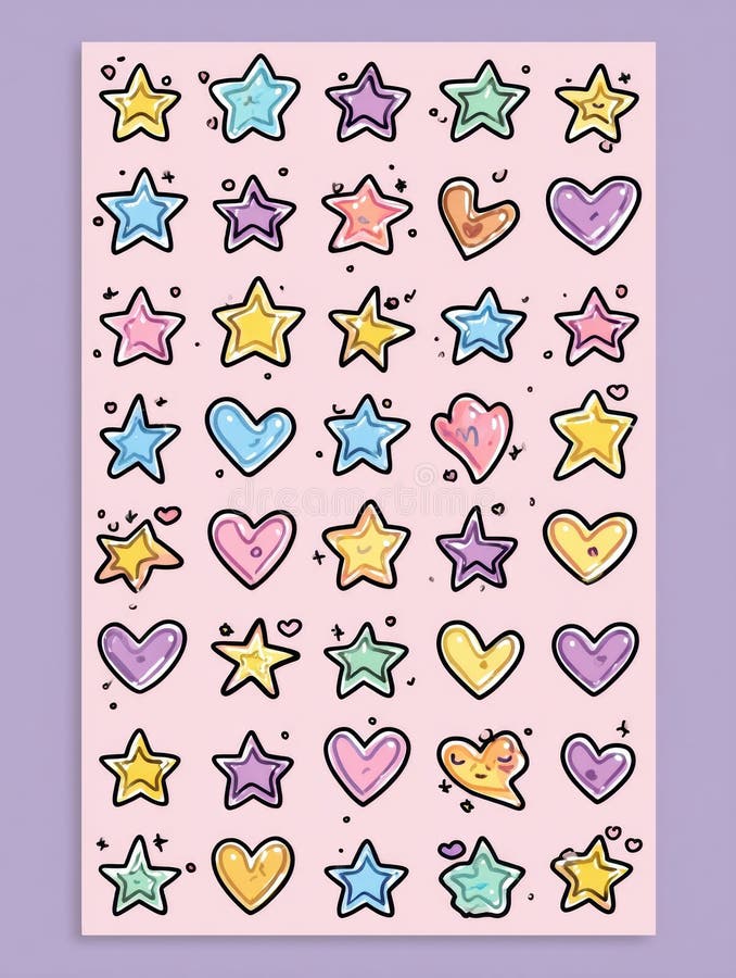 Cute Pastel Kpop inspired Stickers Featuring Stars and Hearts Organiated in Vibrant Decoration Perfect for Decoration or obrazy stock