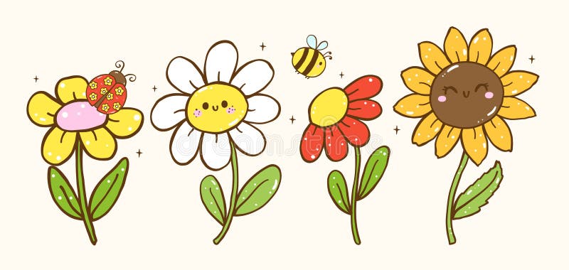 Cute Pastel Spring Flowers field Banner Doodle Hand Drawn Cartoon Illustration vector illustration