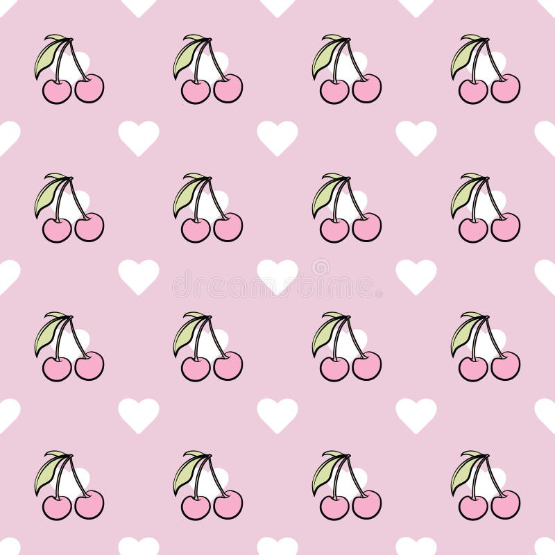 Cute Pattern, Cherries and Hearts, Cherry Vector Stock Vector