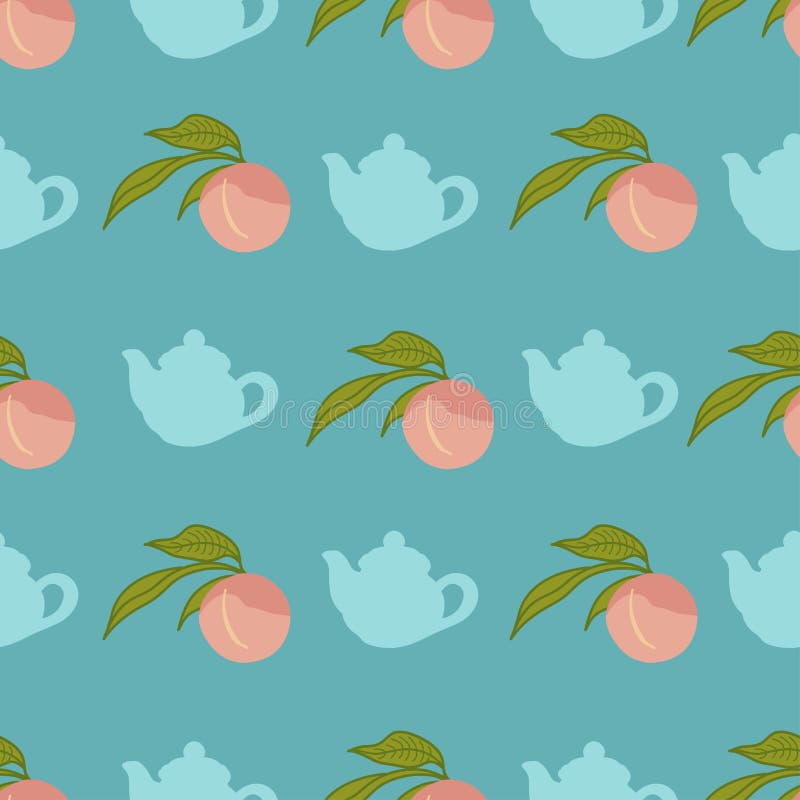 Cute Peach and Tea Pot Silhouette Seamless Pattern Stock Vector