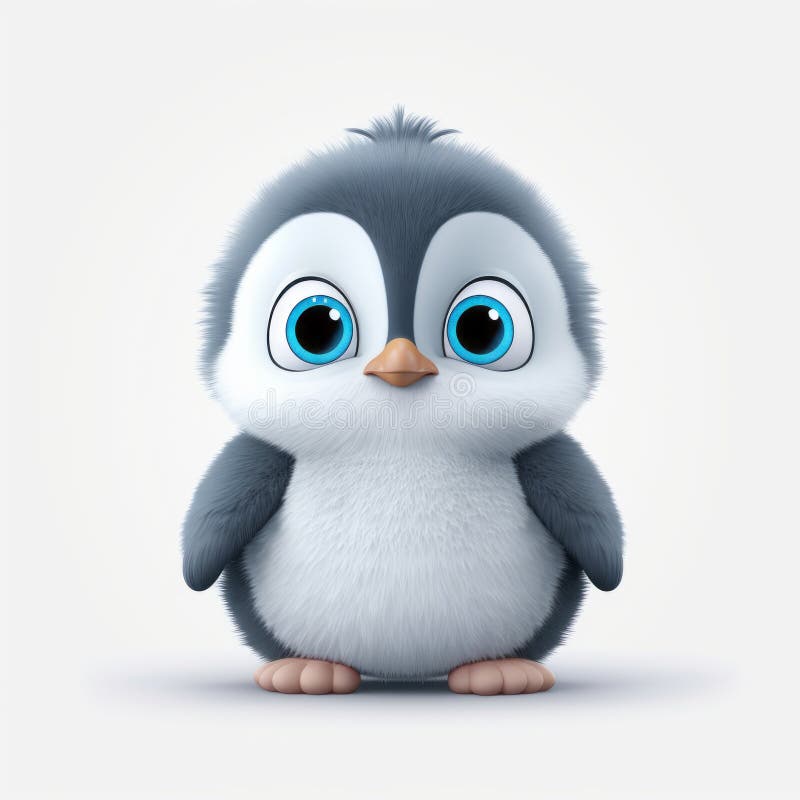Tiny cute adorable pinguin standing on snow, intricate details. Cartoon big  eyed close up portrait. Soft cinematic lighting, animation style character,  anime style, 3d illustration. Illustration Stock