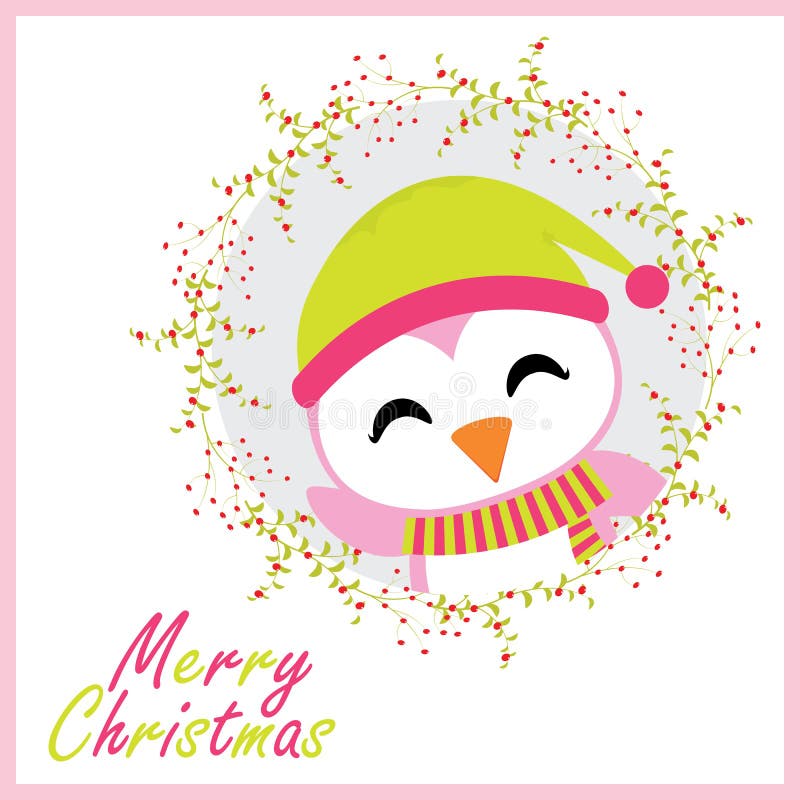 Cute Penguin Smiles On Leaves Wreath Cartoon Illustration For Christmas ... Cute Winter Penguin Wallpaper