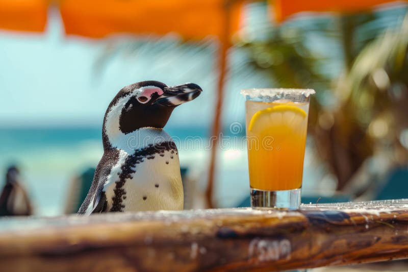 Cute penguin in sungalsses sitting at beachbar and drinking cocktail at summertime royalty free illustration