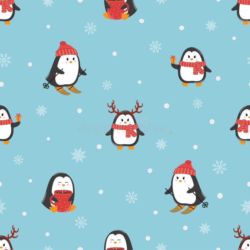 Cute Penguins on Blue Seamless Pattern. Stock Vector - Illustration of ...