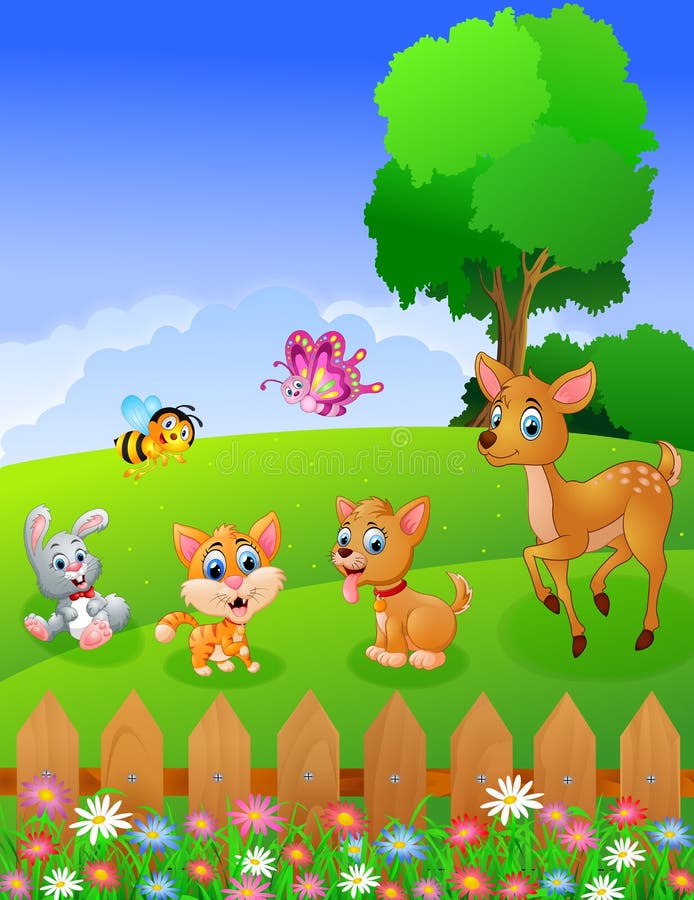 Cute pet animals in the garden vector illustration Cute pet animals in the garden vector illustration