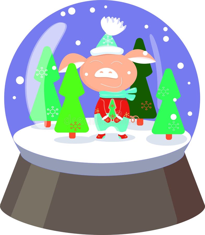 Cute pig in r snowball with falling snowflakes and on white background stock illustration Cute pig in r snowball with falling snowflakes and on white background stock illustration