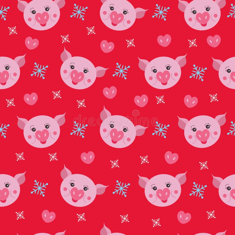 Cute Pig on a Red Background, Seamless Pattern. Stock Vector