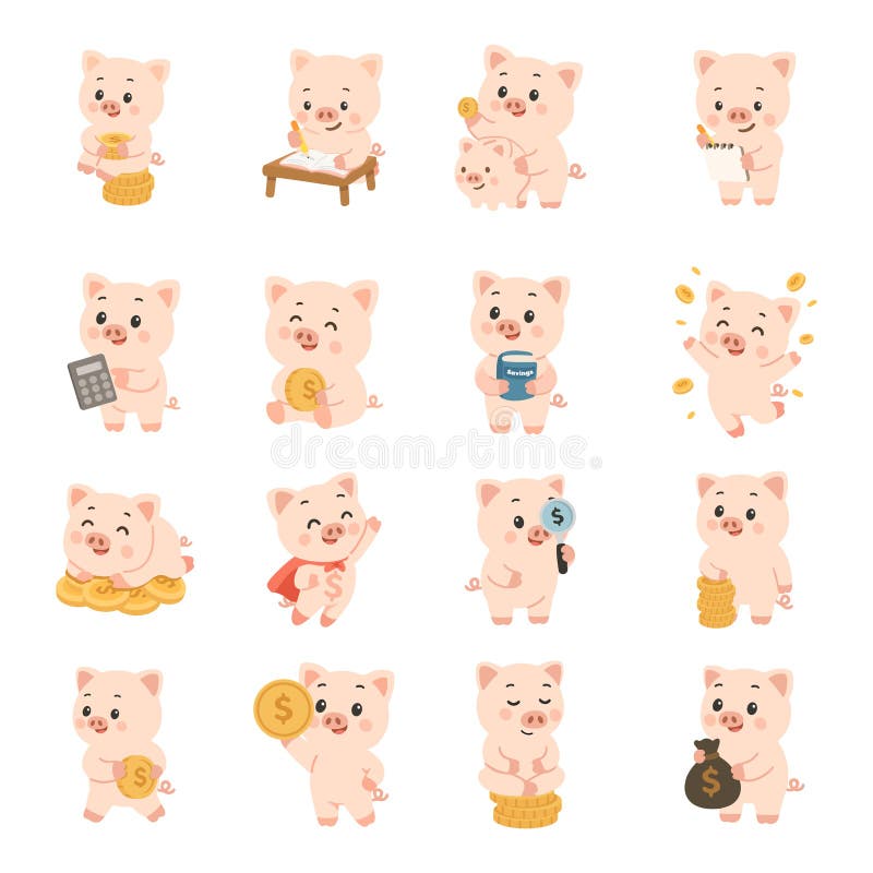 Cute Piggy Banks Saving Money Set stock illustration