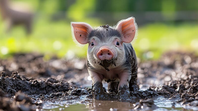 Cute piglet i en grumlig puddle royaltyfri illustrationer