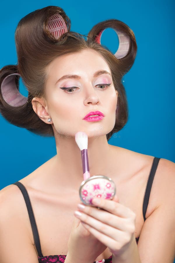 Cute Pin Up Girl Applying Blusher Stock Photo Image of positive