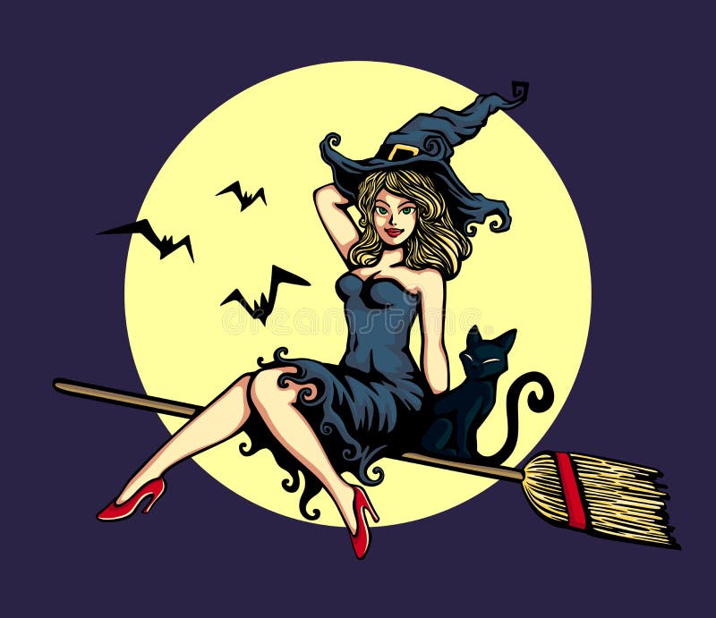 Cute pin-up girl in witch costume riding flying broomstick halloween vector illustration