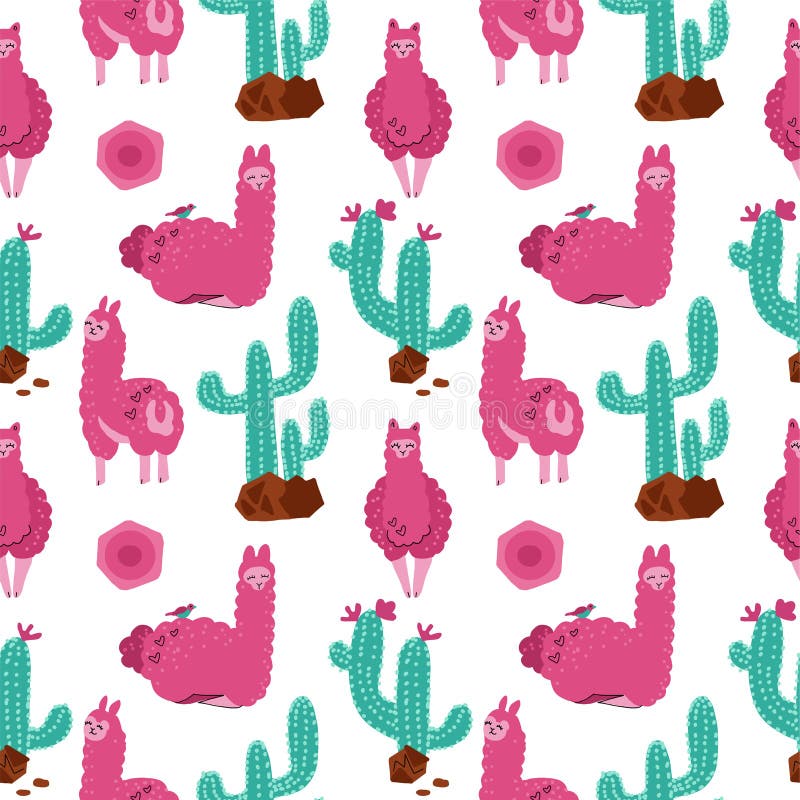 Cute pink alpaca with cacti seamless pattern on white background. Vector baby animal hand drawn illustration for kids. Child vector illustration Cute pink alpaca with cacti seamless pattern on white background. Vector baby animal hand drawn illustration for kids. Child vector illustration