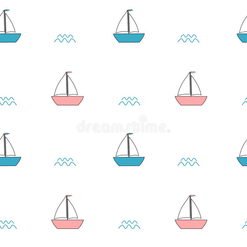 Cute pink and blue cartoon boats seamless pattern background illustration