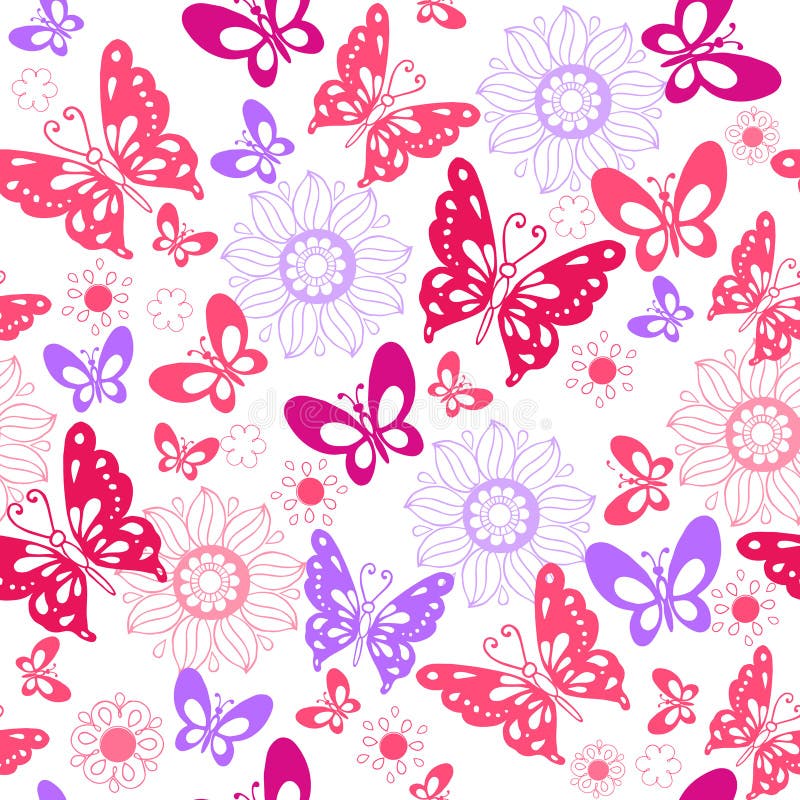 Cute Pink Butterflies on a White Background. Seamless Pattern of Stock