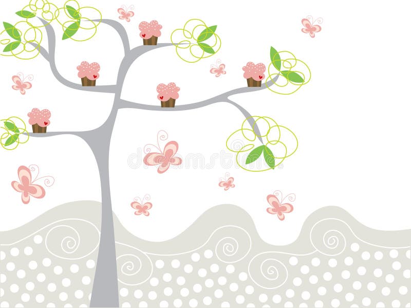 Cute pink cupcakes on a tree vector illustration