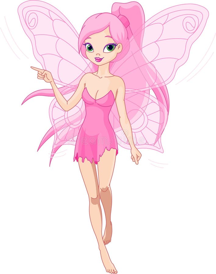 Illustration of a cute pink fairy pointing (showing, presenting)