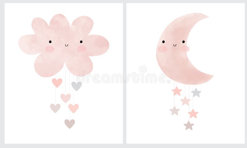 Cute Pink Fluffy Smiling Cloud with Hanging Hearts and Loveli New Monn with Little Stars.