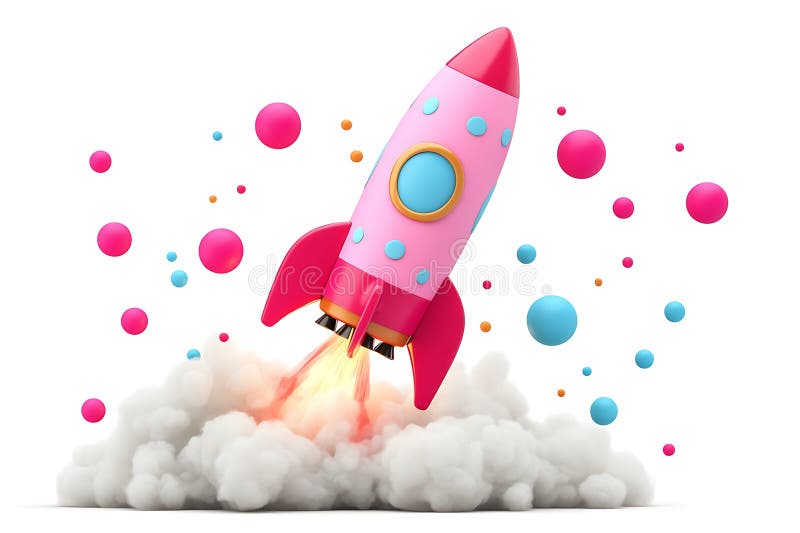 Cute Pink Rocket Launching with Colorful Bubbles 3D Render Illustration vektor illustrationer