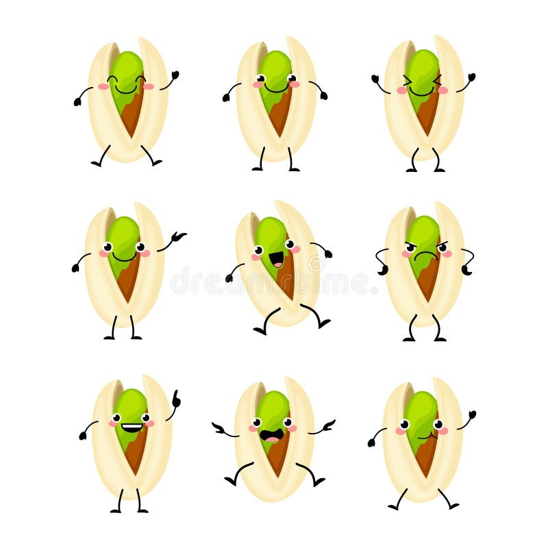 Cute Pistachio Nuts Characters Set with Different Emitions Vector