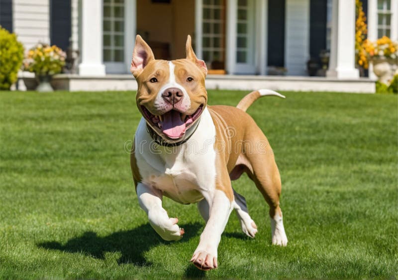 Cute Pit Bull running on the lawn outside a beautiful home. It& x27;s a sunny spring day. Clear weather, warmth. The photo evokes a feeling of joy and happiness. High detail.