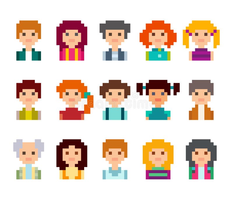 Pixel people avatar set. 8 bit style.