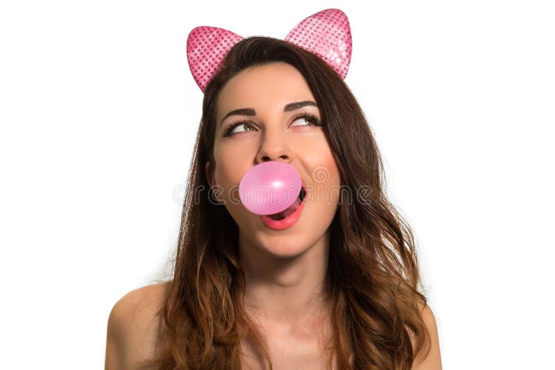 Cute Playful Girl Blowing Pink Chewing Bubble Gum Looking Up On Stock