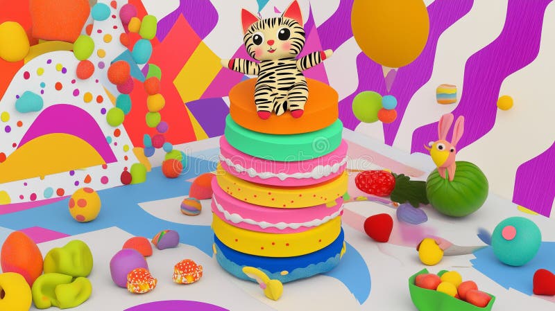 Cute Plush Zebra Toy Sitting on a Colorful Stack of Playful Discs with Floating Candy Elements royalty free illustration