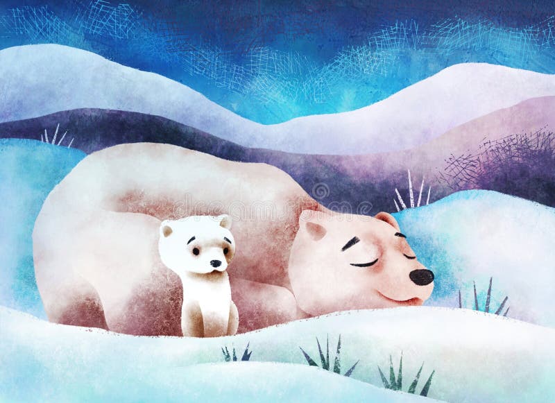 Cute polar bear mom and child on snow, winter time in the Arctic.