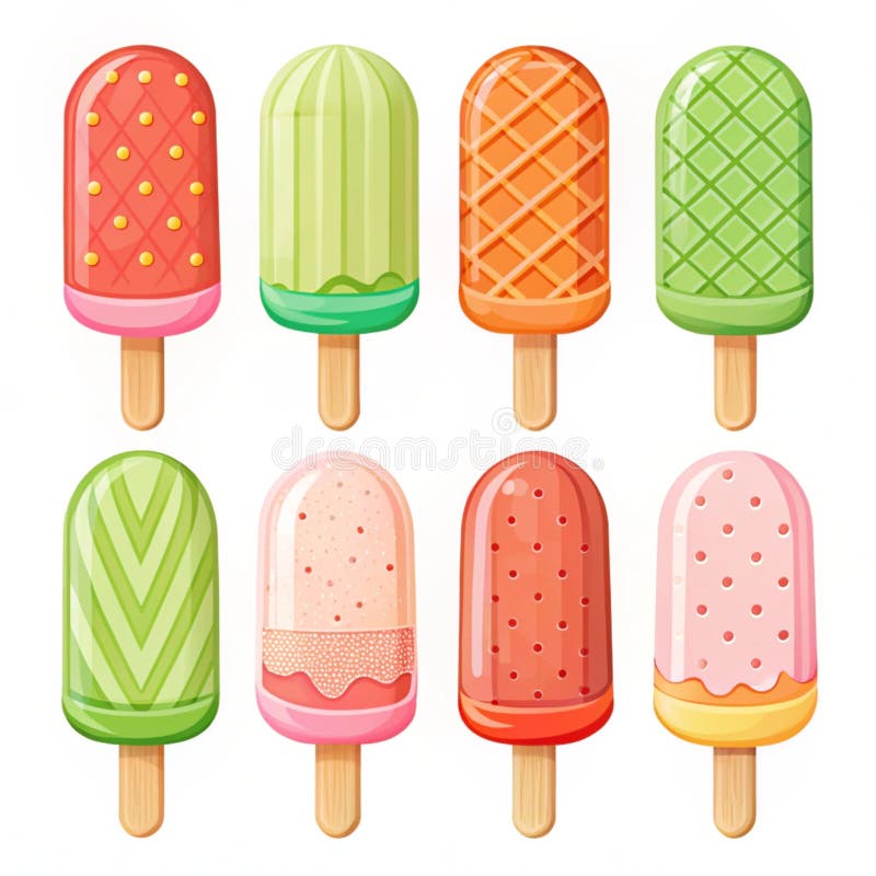 Cute Popsicle ice cream vector image set in strawberry mint orange matcha flavor stock illustration