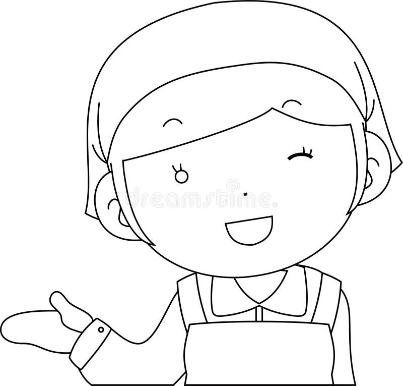 Cute Pose of Female Store Clerk Upper Body Outline Stock Vector