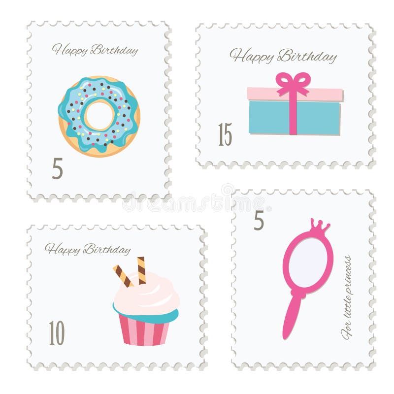 Cute Postage Stamps for Birthday or Scrapbook Design. Decorative Stickers  for Girls Stock Illustration - Illustration of food, funny: 111237141