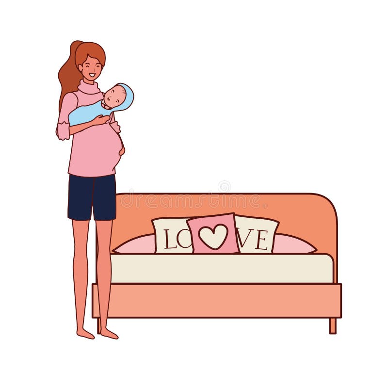 Cute Pregnancy Mother with Little Boy in the Bedroom Stock Vector ...