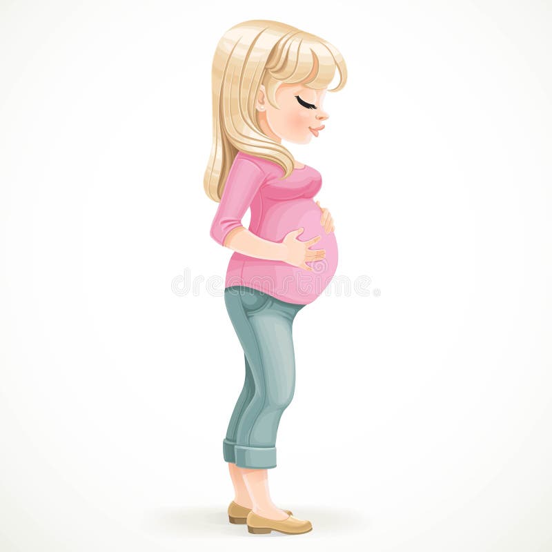 Cute Pregnant Blond Woman Holds Hands the Big Belly Stock Vector ...