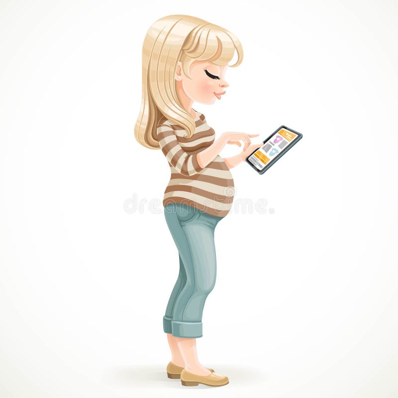 Cute pregnant blond woman uses an electronic tablet standing in the profile vector illustration.