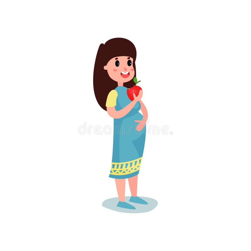 Cute pregnant woman character in blue dress eating red apple. Cheerful female expecting baby. Beautiful expectant mother