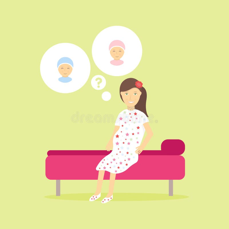 Cute pregnant woman dreaming about her future children. Concept design of the isolated character of women think a boy or girl. The vector illustration Cute pregnant woman dreaming about her future children. Concept design of the isolated character of women think a boy or girl. The vector illustration