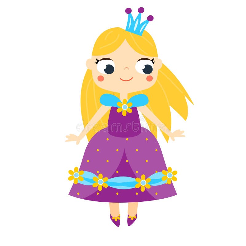 Cute princess in long violet dress and crown. Girl in queen costume. Cartoon style vector illustration