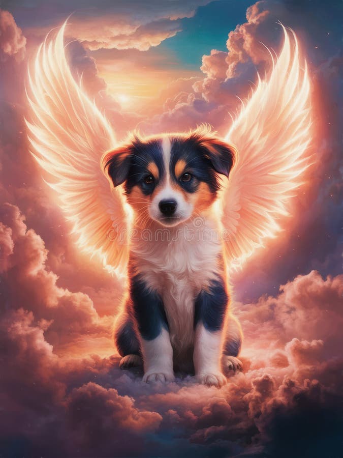 Cute puppy angel in animal heaven. Oil painting on canvas with texture and brush strokes. Grief card. Ideal of crematories, pet shops, parents and friends. Painting watercolor. Pet paradise. Afterlife