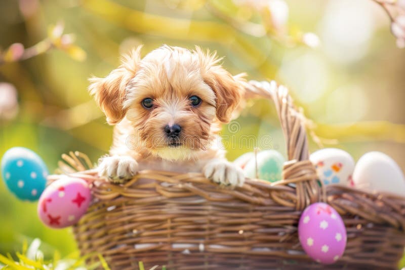 Cute Puppy in Easter Basket. Place for Text Stock Image Image of