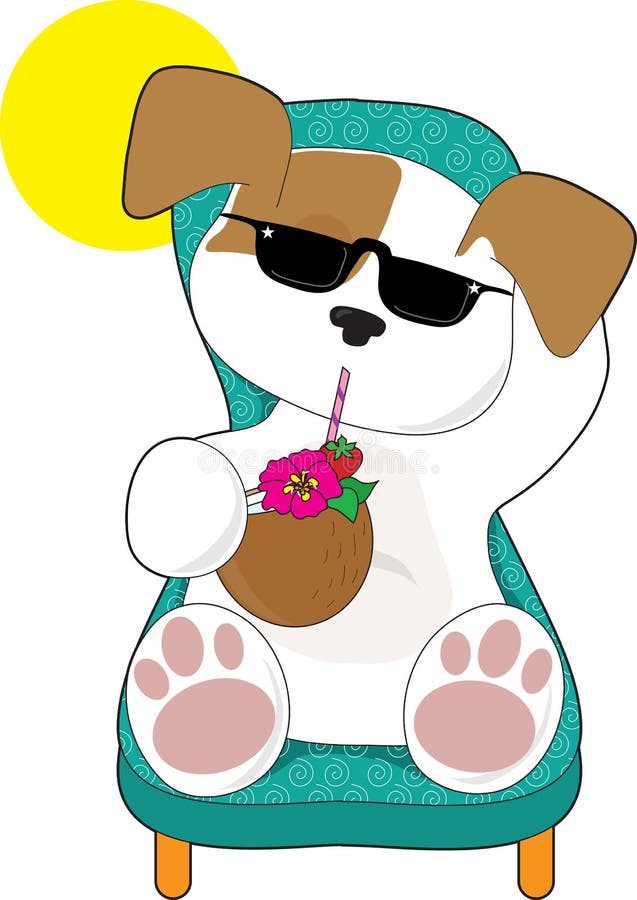 A cute puppy is relaxing in a lawn chair and enjoying a tropical drink. A cute puppy is relaxing in a lawn chair and enjoying a tropical drink