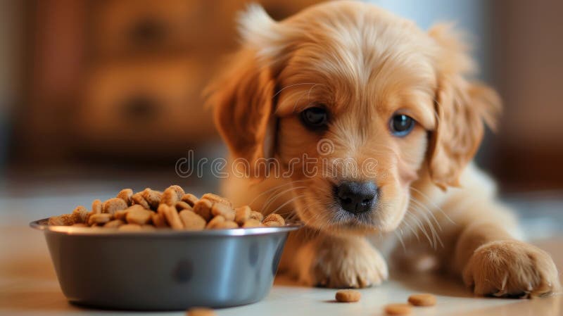 Cute Puppy Near a Bowl with Dry Food on a Wooden Floor, Pet Care. Stock ...