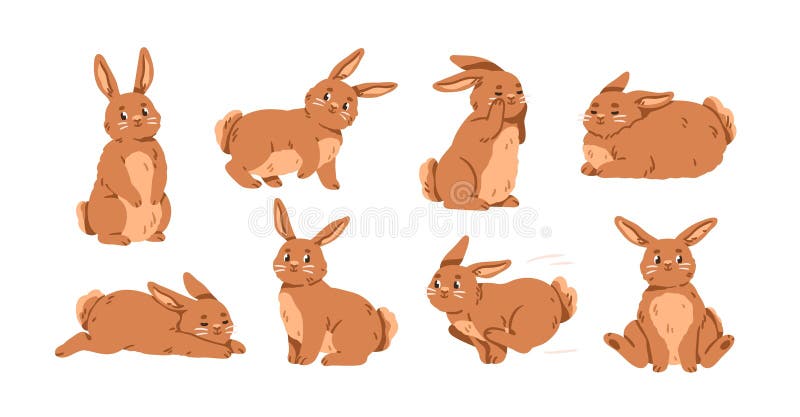 Cute rabbit characters running, jumping, standing, sleeping and lying. Happy bunnies, funny smiling sweet hare animals stock illustration