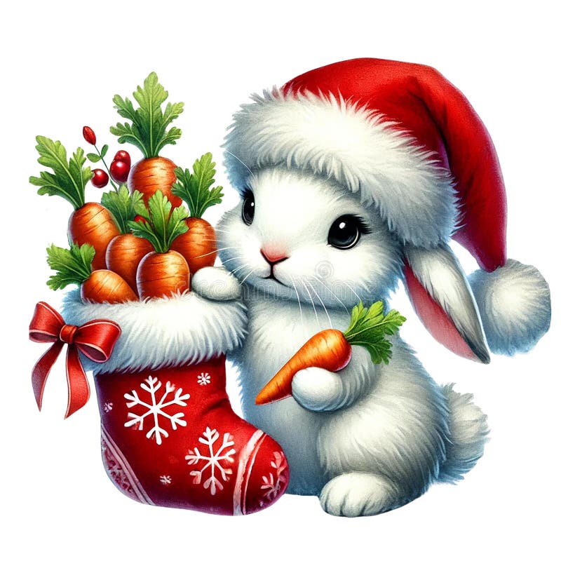 Cute rabbit with Christmas stocking and carrots. Cartoon illustration for Christmas vector illustration