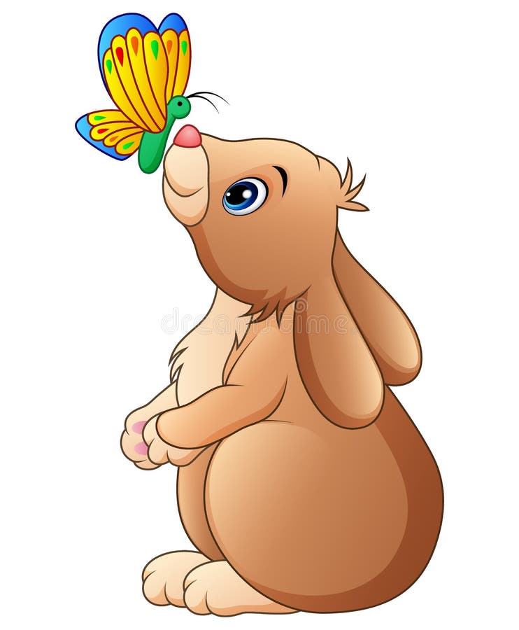 Cute rabbit playing with butterfly isolated on a white background stock illustration Cute rabbit playing with butterfly isolated on a white background stock illustration
