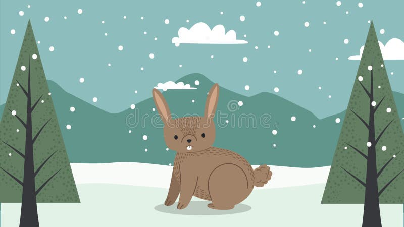 Cute rabbit in snowscape scene vector illustration