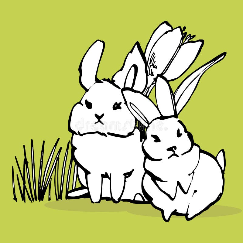 Cute rabbits with easter flowers hand draw illustration. Draw illustration postcards design of cute rabbit. royalty free illustration