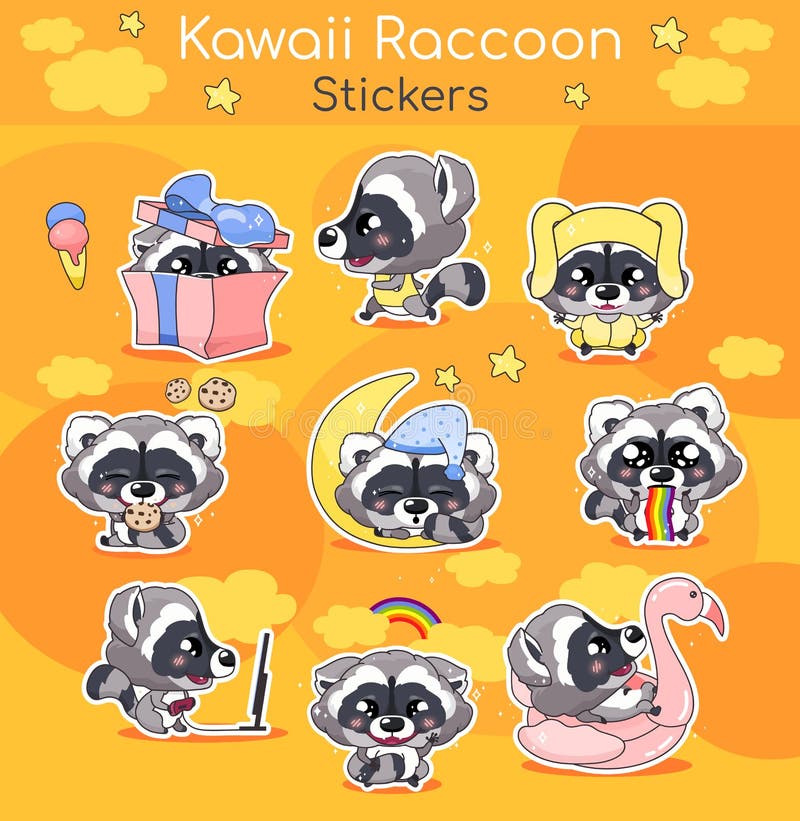 Set Of Cute Raccoon Stickers Stock Illustration - Download Image